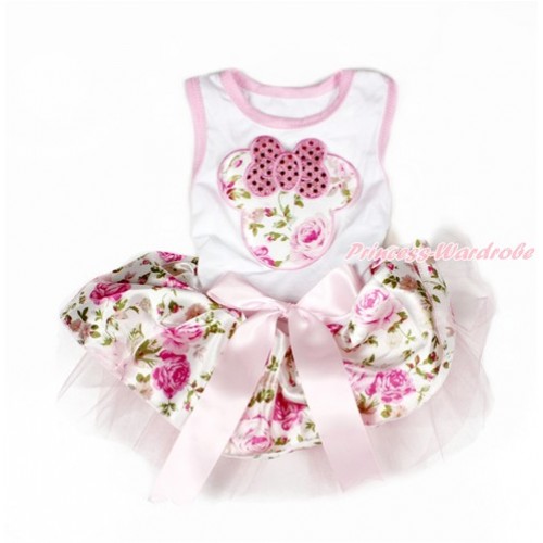 White Sleeveless Light Pink Rose Fusion Gauze Skirt With Sparkle Light Pink Rose Minnie Print With Light Pink Bow Pet Dress DC086 